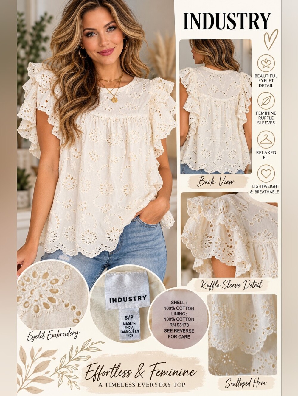 Women's Cream Eyelet Ruffle Sleeve Top